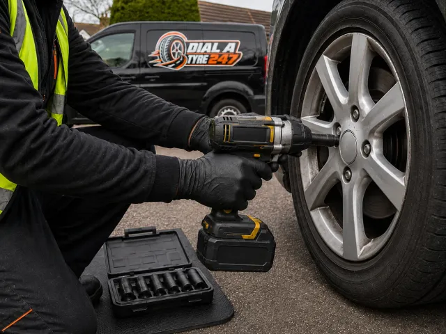 Dial A Tyre 247 emergency tyre fitting van and equipment at a roadside callout