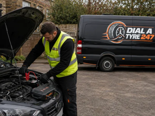 Technician testing and replacing a car battery beside a branded Dial A Tyre 247 van