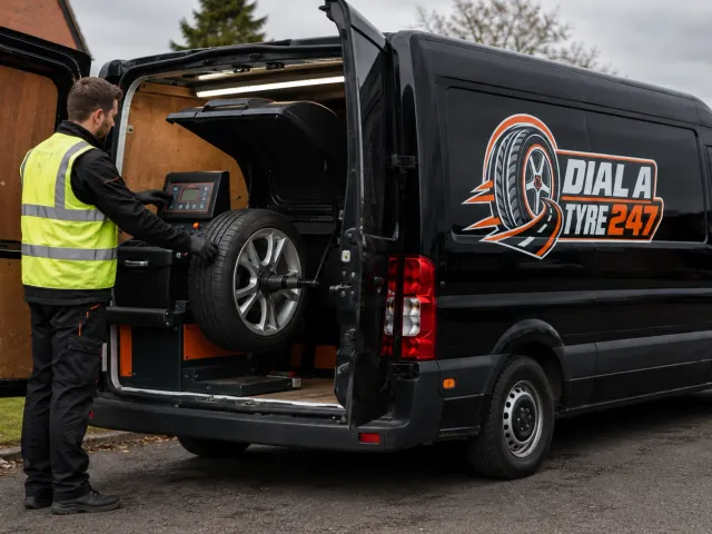 Dial A Tyre 247 technician working on a wheel using mobile equipment from the branded works van on a residential driveway